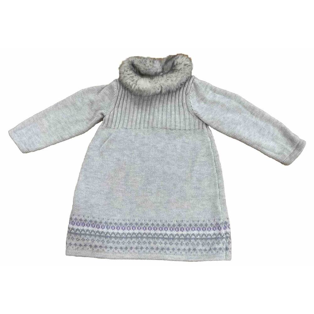 Janie And Jack Sweater Dress Faux Fur Collar Fair Isle Beige Sz 12-18 Months